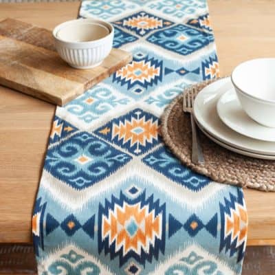 Navajo Kilim Table Runner in Teal Blue and Orange