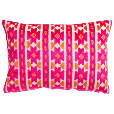Kashan Geometric Cut Velvet Boudoir Cushion in Bright Pink & Burnt Orange