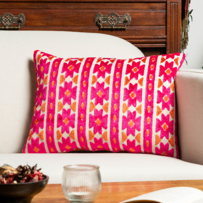 Kashan Geometric Cut Velvet Boudoir Cushion in Bright Pink & Burnt Orange