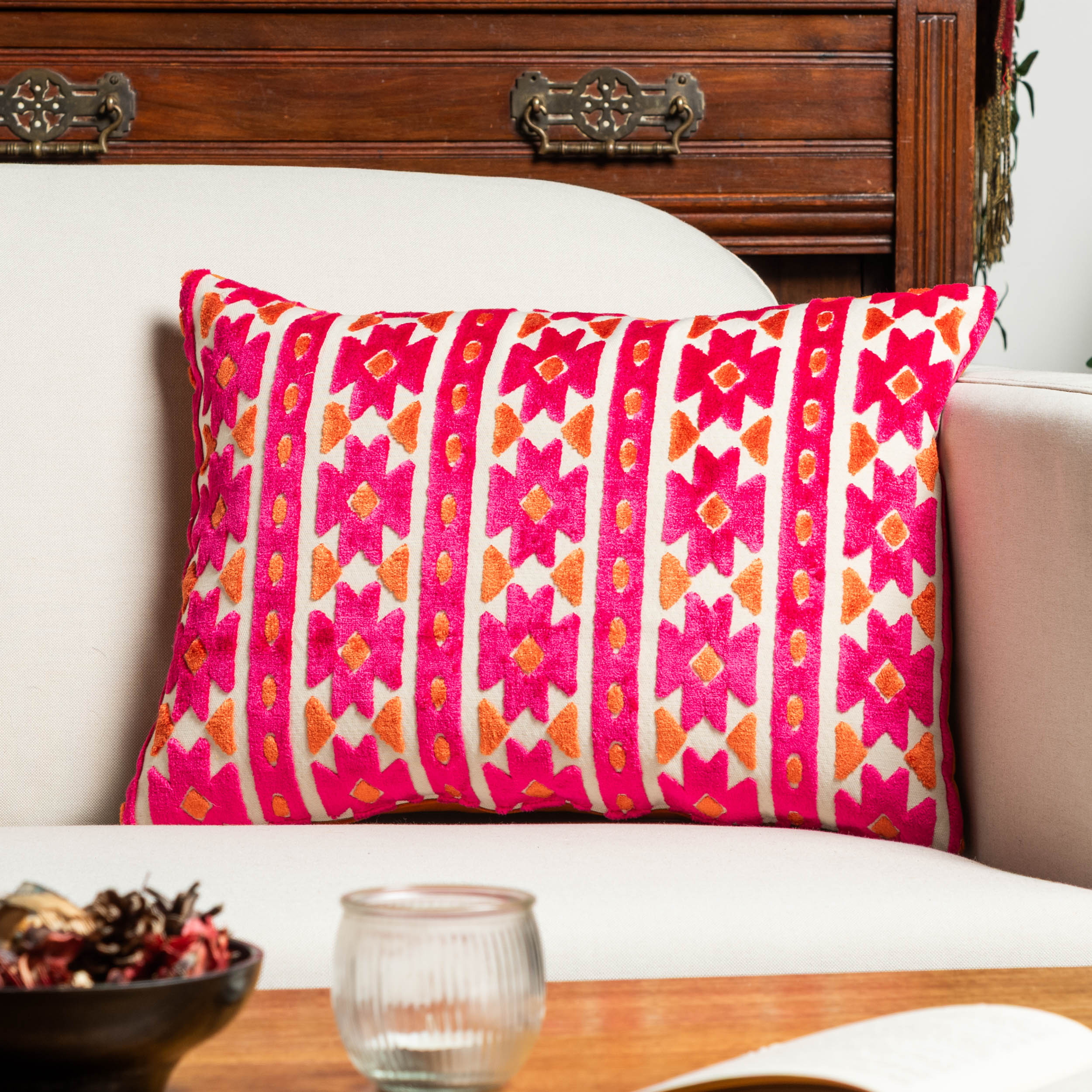 Kashan Geometric Cut Velvet Boudoir Cushion in Bright Pink & Burnt Orange