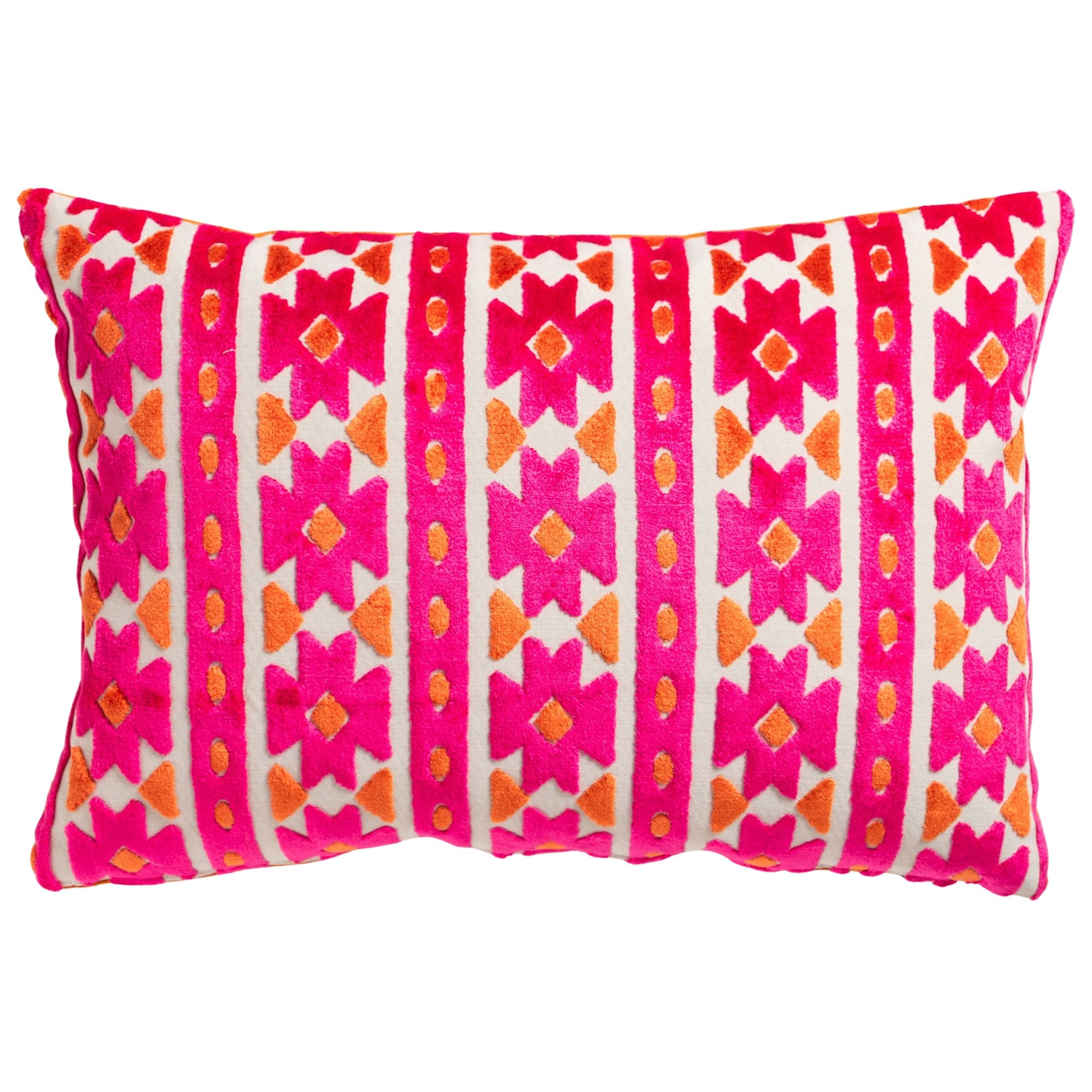 Kashan Geometric Cut Velvet Boudoir Cushion in Bright Pink & Burnt Orange