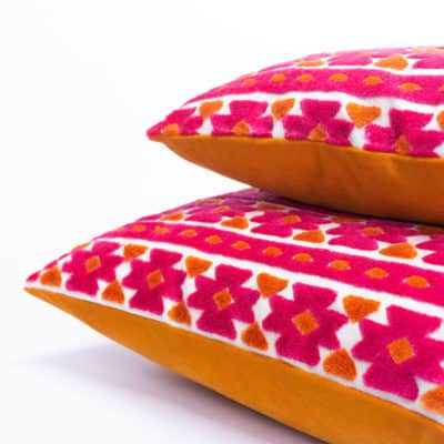Kashan Geometric Cut Velvet Cushion in Bright Pink & Burnt Orange