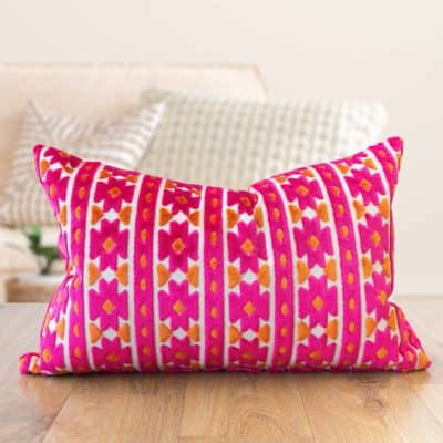 Kashan Geometric Cut Velvet XL Rectangular Cushion in Bright Pink & Burnt Orange