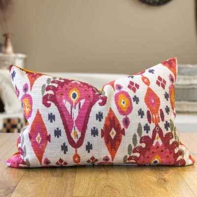 Heavyweight Linen-blend Ikat XL Rectangular Cushion in Pink and Orange