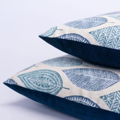 Indira Leaf Print Cushion in Indigo Blue