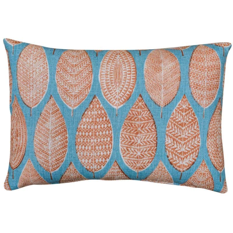 Indira Leaf Print Boudoir Cushion in Teal and Burnt Orange