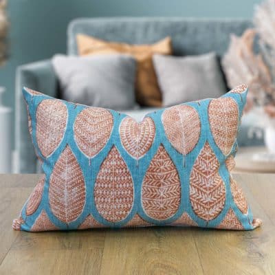 Indira Leaf Print Boudoir Cushion in Teal and Burnt Orange