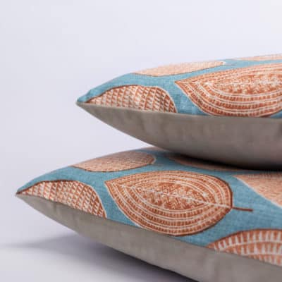 Indira Leaf Print Boudoir Cushion in Teal and Burnt Orange