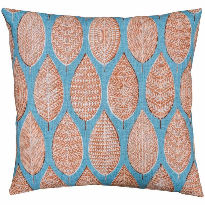 Indira Leaf Print Cushion in Teal and Burnt Orange