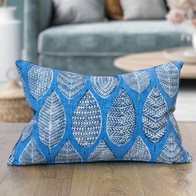 Indira Leaf Print Boudoir Cushion in Denim Blue