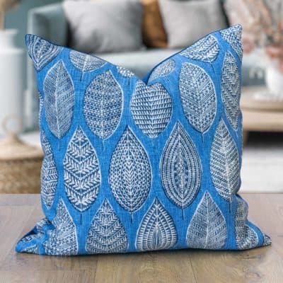 Indira Leaf Print Cushion in Denim Blue