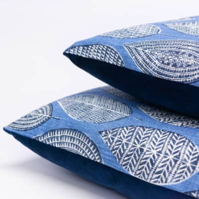 Indira Leaf Print Cushion in Denim Blue