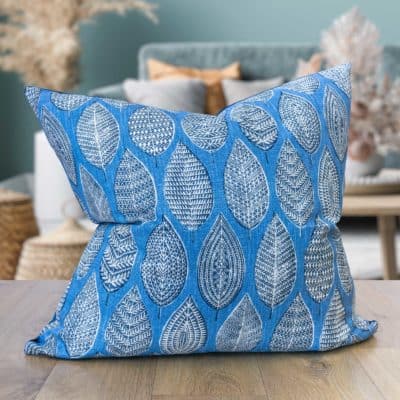 Indira Leaf Print Extra-Large Cushion in Denim Blue