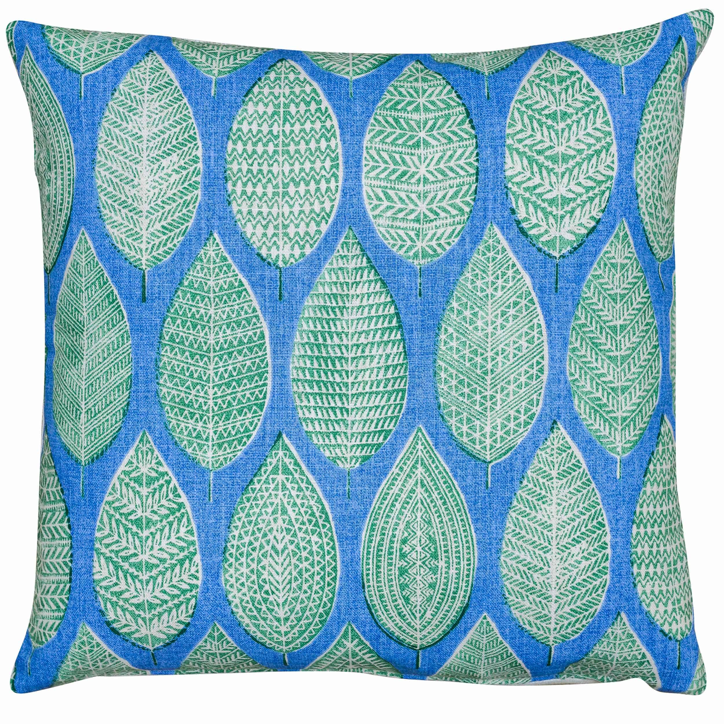Indira Leaf Print Cushion in Jade Green and Teal Blue