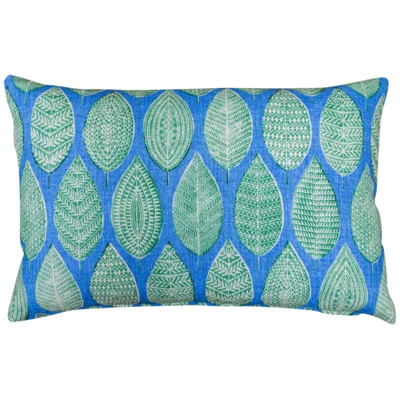 Indira Leaf Print XL Rectangular Cushion in Jade Green and Teal Blue