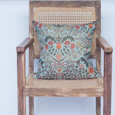Morris Style Leaves and Berries Cushion in Duck Egg Blue