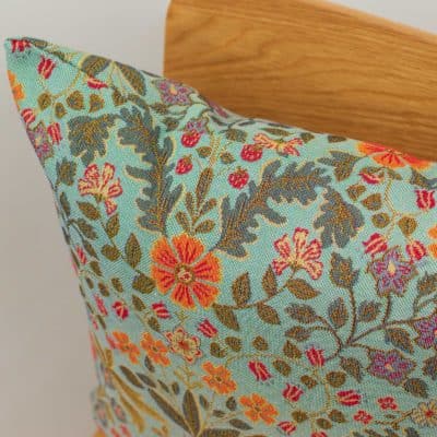 Morris Style Leaves and Berries Cushion in Duck Egg Blue