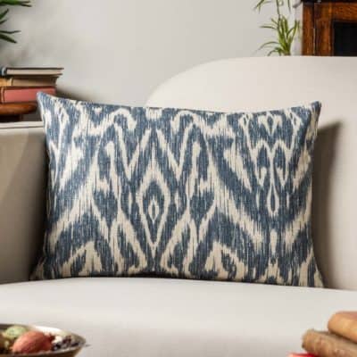 Textured Linen Blend Abstract Ikat Boudoir Cushion Cover in Marine Blue