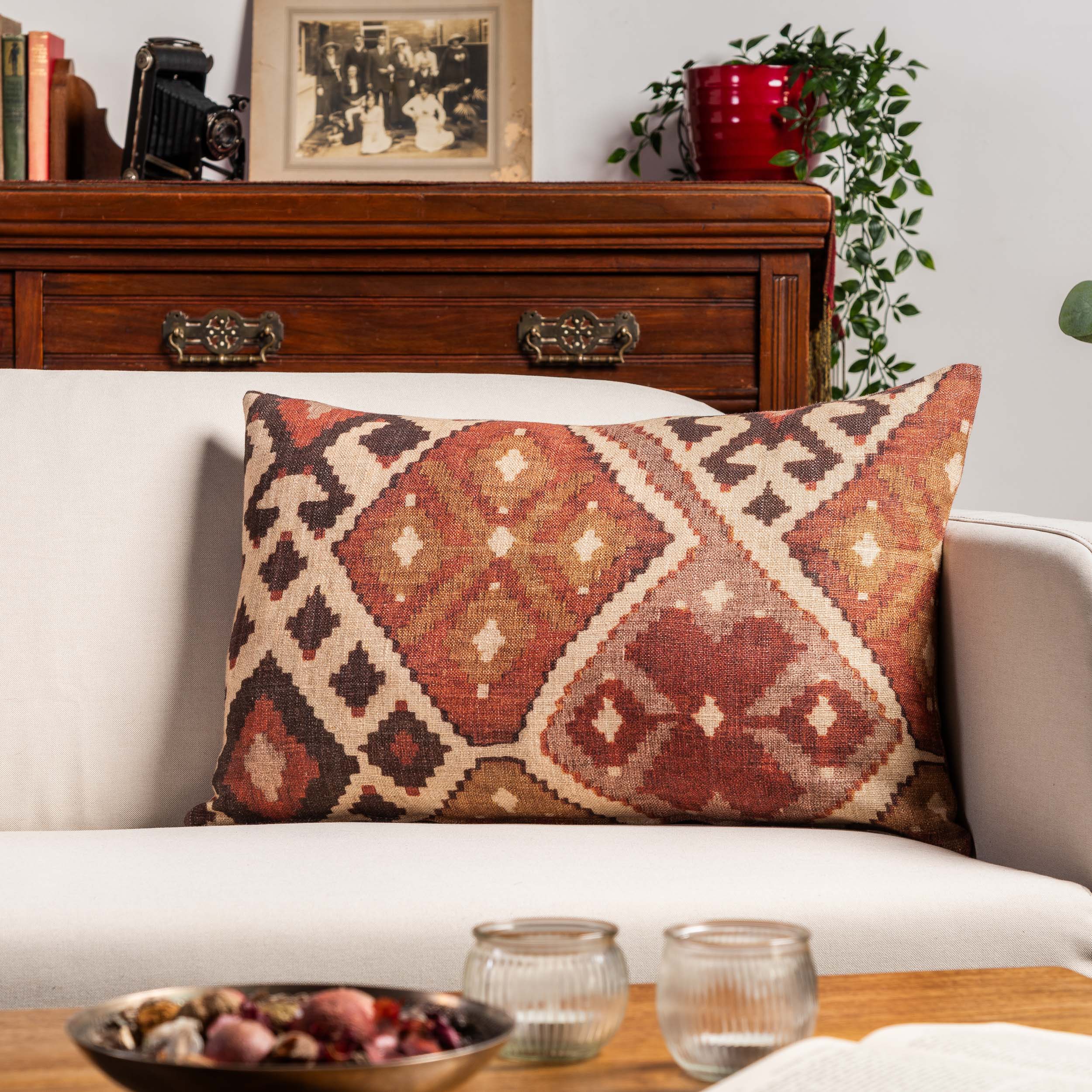 Linen Kilim XL Rectangular Cushion in Terracotta