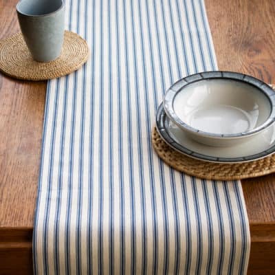 Nautical Cotton Ticking Stripe Table Runner in Navy Blue