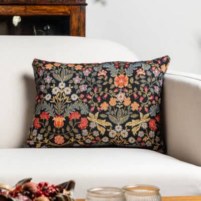 Morris Style Leaves and Berries Boudoir Cushion in Black