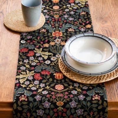 Morris Style Leaves and Berries Table Runner in Black