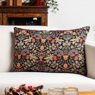 Morris Style Leaves and Berries XL Rectangular Cushion in Black