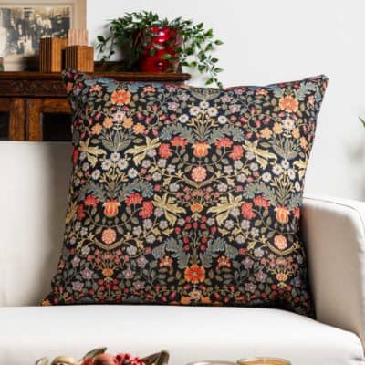 Morris Style Leaves and Berries Extra-Large Cushion in Black