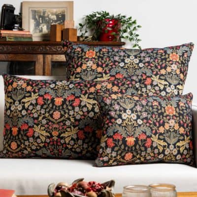 Morris Style Leaves and Berries Extra-Large Cushion in Black