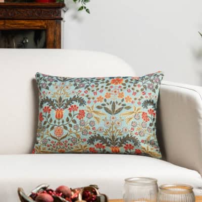 Morris Style Leaves and Berries Boudoir Cushion in Duck Egg Blue