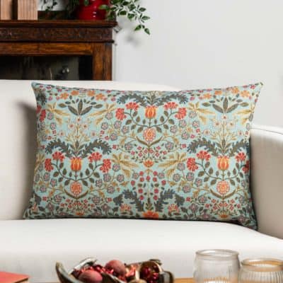 Morris Style Leaves and Berries XL Rectangular Cushion in Duck Egg Blue