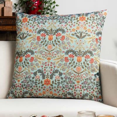 Morris Style Leaves and Berries Extra-Large Cushion in Duck Egg Blue