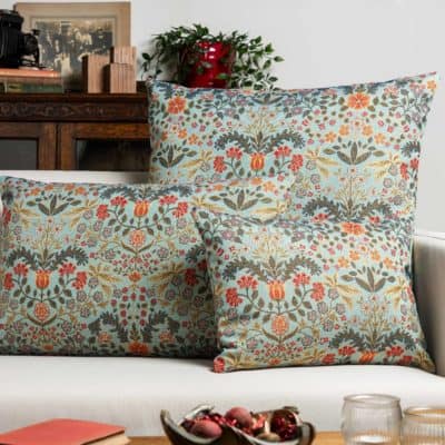 Morris Style Leaves and Berries Extra-Large Cushion in Duck Egg Blue