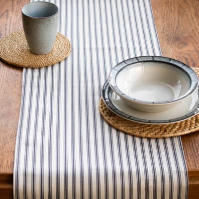 Nautical Cotton Ticking Stripe Table Runner in Grey