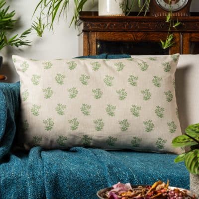 Posy Print Linen Look XL Rectangular Cushion in Sage Green