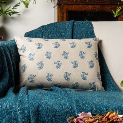 Posy Print Linen Look Boudoir Cushion in Cornflower Blue
