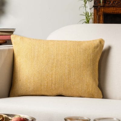 Faux Wool Linen Blend Herringbone Boudoir Cushion in Ochre Yellow