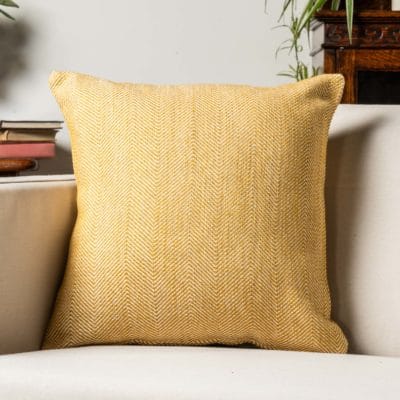 Faux Wool Linen Blend Herringbone Cushion in Ochre Yellow