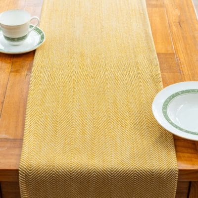 Faux Wool Linen Blend Herringbone Table Runner in Ochre Yellow
