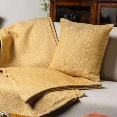 Faux Wool Linen Blend Herringbone XL Rectangular Cushion in Ochre Yellow