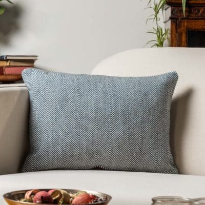 Faux Wool Linen Blend Herringbone Boudoir Cushion in Navy Blue