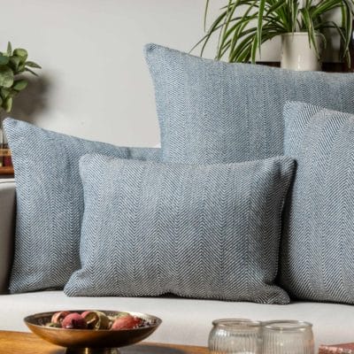 Faux Wool Linen Blend Herringbone Boudoir Cushion in Navy Blue