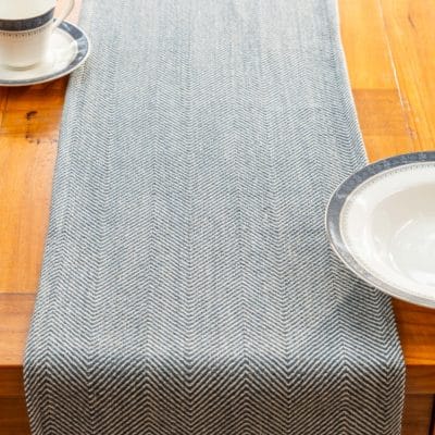 Faux Wool Linen Blend Herringbone Table Runner in Navy Blue