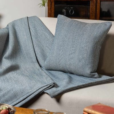 Faux Wool Linen Blend Herringbone XL Rectangular Cushion in Navy Blue
