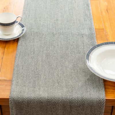 Faux Wool Linen Blend Herringbone Table Runner in Grey