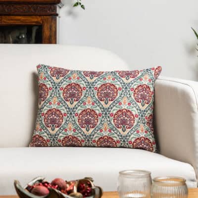 Palace Courtyard Tapestry Boudoir Cushion in Claret