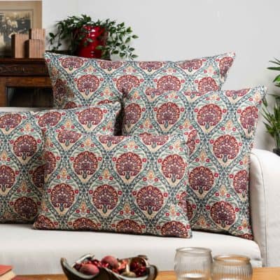 Palace Courtyard Tapestry Boudoir Cushion in Claret