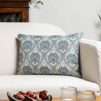 Palace Courtyard Tapestry Boudoir Cushion in Blue