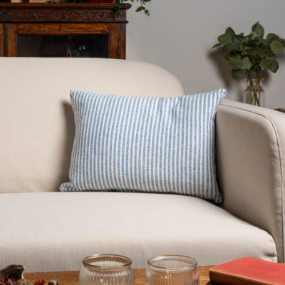 Woven Ticking Stripe Boudoir Cushion in Soft Blue
