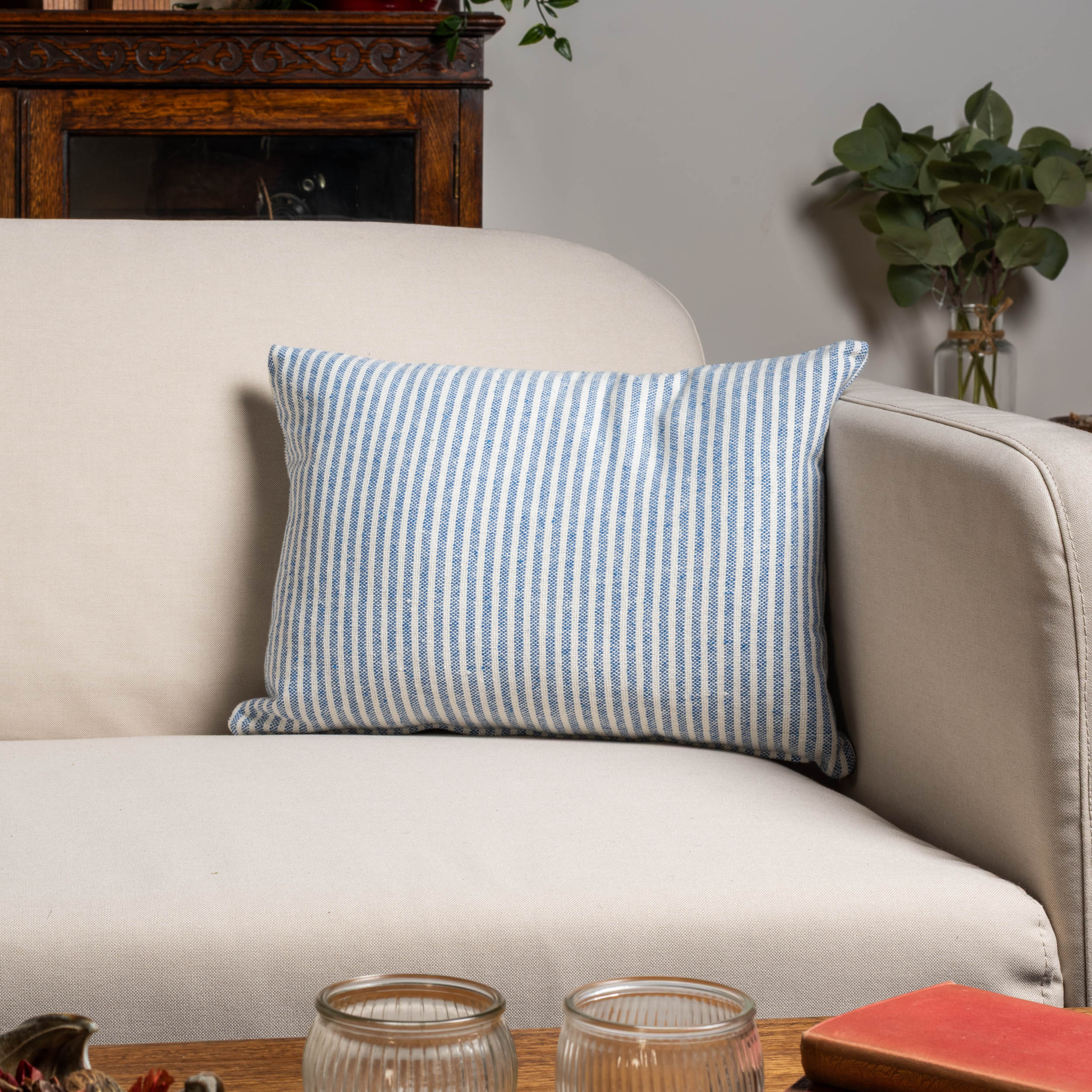 Woven Ticking Stripe Boudoir Cushion in Soft Blue